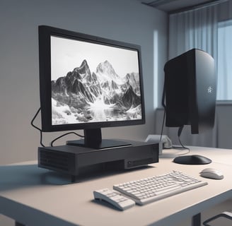 A modern electronics store features a sleek white computer with a large monitor, keyboard, and mouse positioned on a wooden table. The background showcases a wall display of various electronic accessories in white packaging, arranged neatly in rows. The room is illuminated by bright circular ceiling lights, giving a clean and modern ambiance.