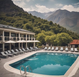 A large hotel is situated next to a swimming pool with lounge chairs arranged along its edge. The hotel features multiple stories with rows of balconies. Lush greenery and trees surround the area. The swimming pool is clear and inviting, with a couple of people swimming and playing with a ball. The sun casts warm, golden light over the scene, indicating either morning or late afternoon.