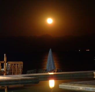 a full moon in the sky reflecting in the  swimming pool in front of  the sea