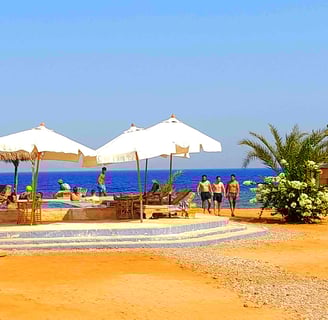 una Platja amb para-sols al voltant d'una piscina a Egipte