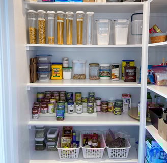 Stockpile pantry with dry food, canned goods, and essentials for food preservation.