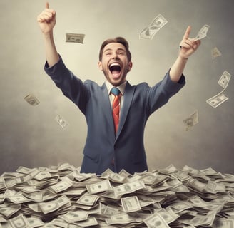 a man in a suit and tie is standing in front of a pile of money