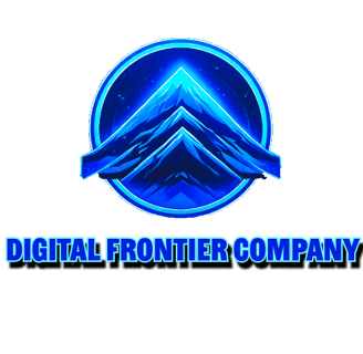 a blue and white logo with the words digital frontier