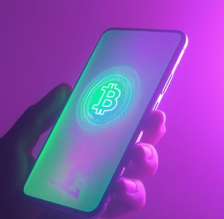 a Digital Frontier Employee holding a phone with a bitcoin on it