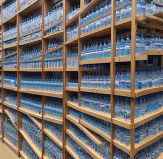 Shelves stocked with multiple packs of bottled water, organized neatly with  labels displaying the brand 'brisa'. Each bottle has a blue cap and is part of a multi-pack held together by packaging. The shelves are wooden, and the setting appears to be in a retail environment with similar items displayed nearby.