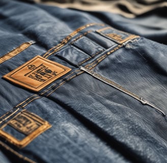 A close-up view of a textured fabric with a woven pattern. The fibers alternate between dark blue and white threads, creating a characteristic denim appearance.