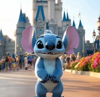 Disney's Stitch standing in front of the castle in a Disney theme park