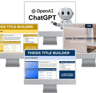 Four computer screens displaying tools like Thesis Title Builder, ChatGPT, and fast-paced research tips.