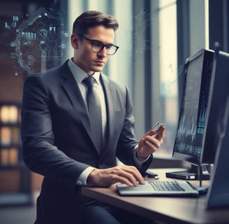 Businessman in a suit using a smartphone and computer, analyzing digital data with futuristic graphics.