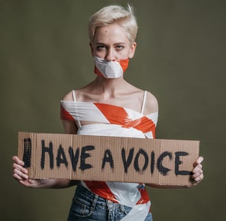 a woman with a mask on her face and a sign that says i have a