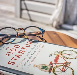 a book with glasses and a book on a table