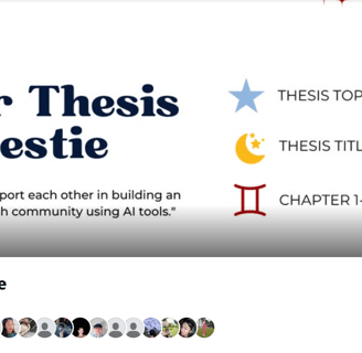 Facebook group titled 'Your Thesis Bestie' with a 1.9K member count and AI research tools.