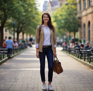 a woman in a tan jacket and jeans standing in front of a building