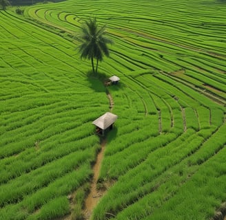 A lush, green tea plantation with well-manicured tea bushes arranged in rows. Tall trees with sparse foliage rise above the plantation, casting light shadows on the terrain. The foreground shows a dirt path edging the plantation.