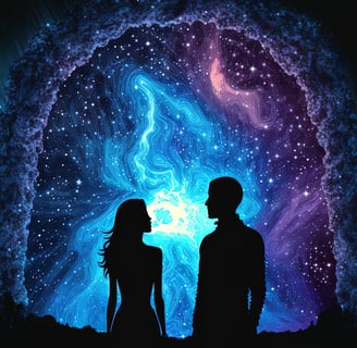 a couple standing in front of a galaxy - like structure