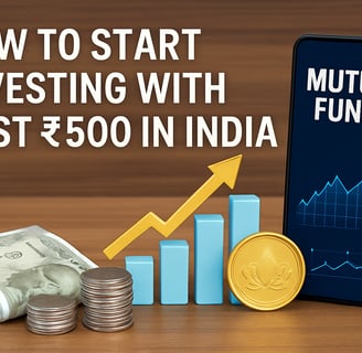 A digital graphic showing a ₹500 coin and financial growth chart, representing beginner-friendly investment options in India