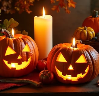 two pumpkins with candles and candles on a table