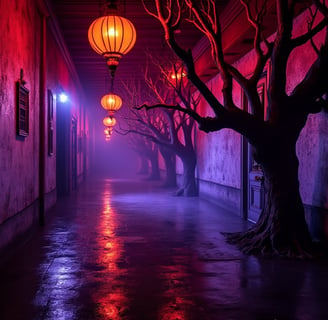 a hallway with a tree in the middle of a hallway