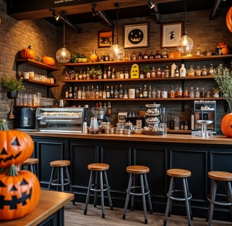 a bar with pumpkins and pumpkins on the counter