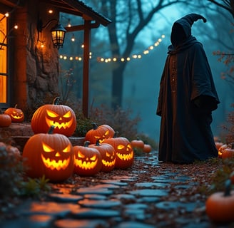 a person in a black robe and a black robe standing in front of a house