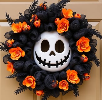 a wreath of flowers and a skull headpiece on a door