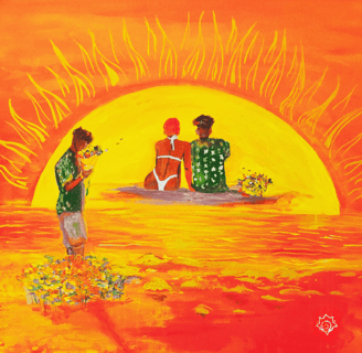 Capa do EP preso em um pôr do sol, uma arte de cores vibrantes que recria cenas do clipe