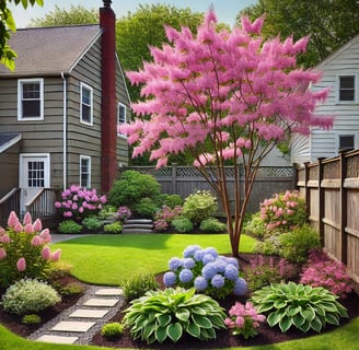 a northeast garden with a tree in the middle of a yard