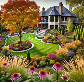 a beautiful garden with a lawn and a large house