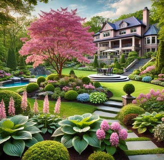 a garden with a pool and a pool in the background