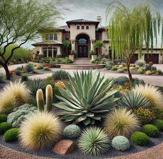 a southwest U.S. house with a cactus plant in the middle of a driveway
