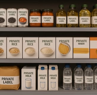 Private label products on supermarket shelves 2025