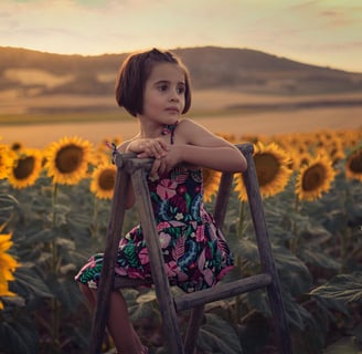 a little girl sitting on a chair in a field