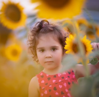 a little girl in a red dress standing in a field of sunflowers