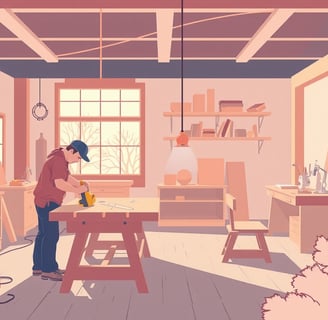 a man is working on a workbench in a woodworking shop