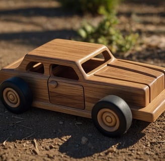 a wooden toy car in the dirt
