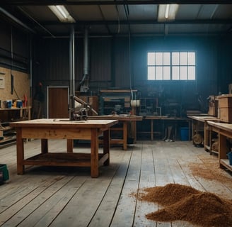 a workshop with lots of sawdust on the floor