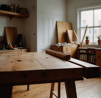 a wooden table with a wooden table top
