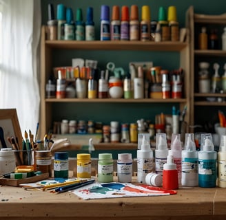 a table with many different types of paint and supplies
