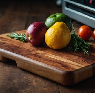 a cutting board with lemons and tomatoes