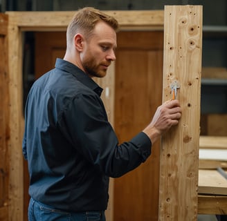 a man in a blue shirt is holding a wooden door