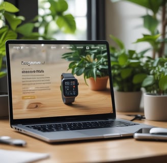 A laptop displays a web browser on theshowing a prominent green advertisement offering up to 70% off on Apple tech with a two-year warranty. The ad features images of a smartwatch and a smartphone. The surrounding environment includes a wooden table and blurred indoor plants in the background.