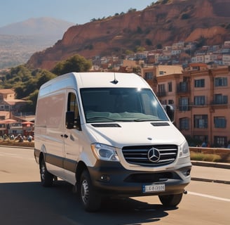 A green van with tropical palm tree graphics on its side is parked on an empty road. The rear of the vehicle shows a yellow print with a logo, and there is a clear view of the taillights. The background features a blurred landscape with trees, suggesting a scenic or natural location.