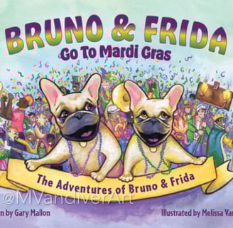Illustrations from Bruno & Frida Go To Mardi Gras by New Orleans artist Melissa Vandiver.