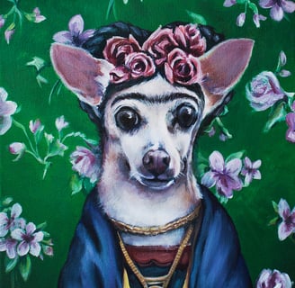 Painting of a chihuahua dressed like Frida Kahlo by New Orleans artist Melissa Vandiver.