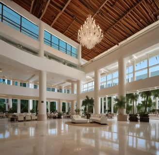 Abstract architectural structure featuring intersecting metal beams and large glass panels forming geometric patterns. The design appears modern and intricate, showcasing a blend of curves and straight lines.