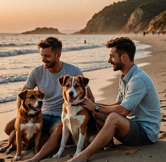 Two young men with the dogs on the beach