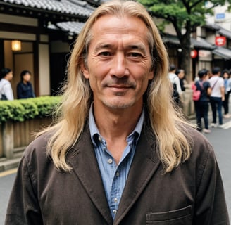 a handsome middle aged man with long blond hair