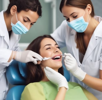 A gloved hand holds a syringe labeled 'WHITER IMAGE' containing a gel used for teeth whitening. The background shows a dental clinic setting with a dental chair and equipment.