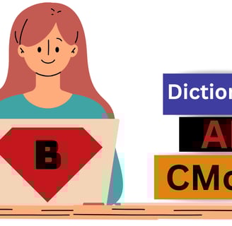 Cartoon of redhead at laptop with a Superman B logo on it, cup of coffee, stack of resource books
