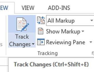 A screenshot of the Track Changes tool in the toolbar of Microsoft Word